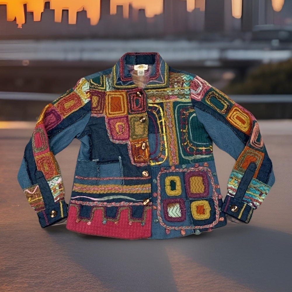 Sandy Starkman Jacket Womens S Art To Wear Patchwork Applique Knit Boho NEW RARE